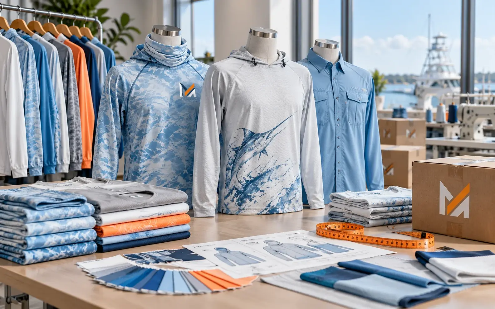 Custom fishing shirts displayed on mannequins in a bright apparel production workspace, surrounded by folded garments, fabric swatches, measurement tools, production sketches, and Mega Apparel branded packaging.